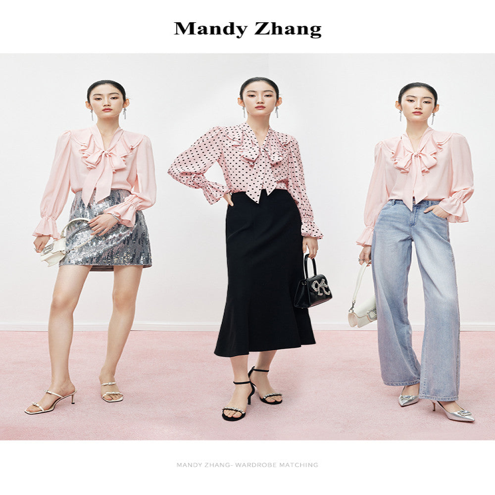 MandyZhang French bow ribbon retro love polka dot shirt women s autumn V neck temperament long sleeved top image 5