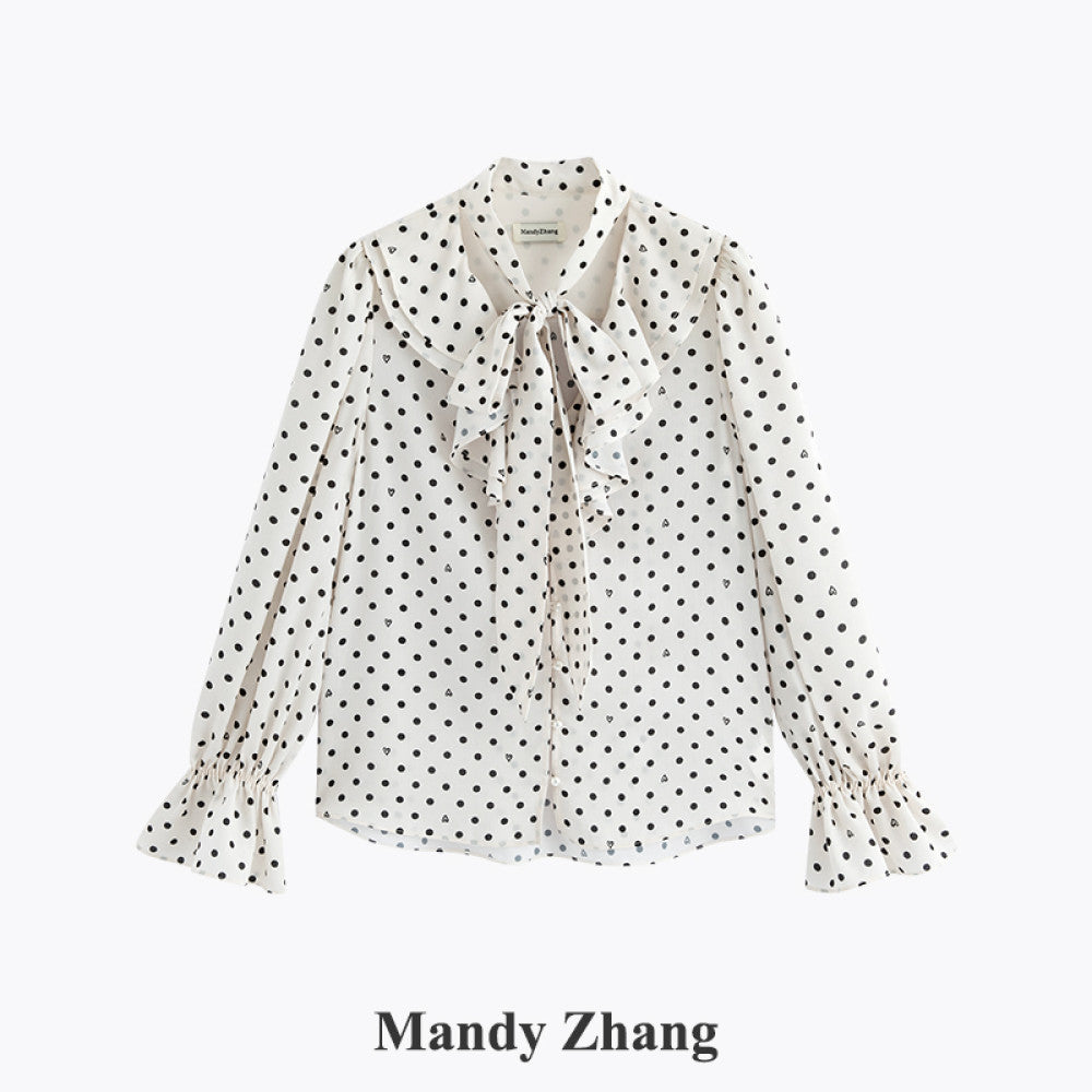 MandyZhang French bow ribbon retro love polka dot shirt women s autumn V neck temperament long sleeved top image 8