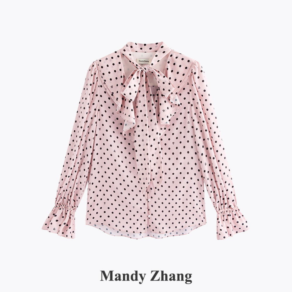MandyZhang French bow ribbon retro love polka dot shirt women s autumn V neck temperament long sleeved top image 20