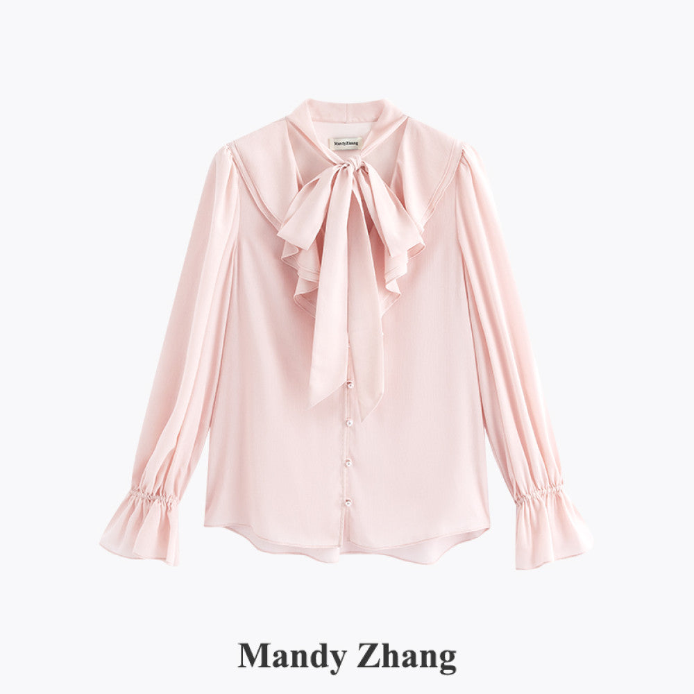 MandyZhang French bow ribbon retro love polka dot shirt women s autumn V neck temperament long sleeved top image 22