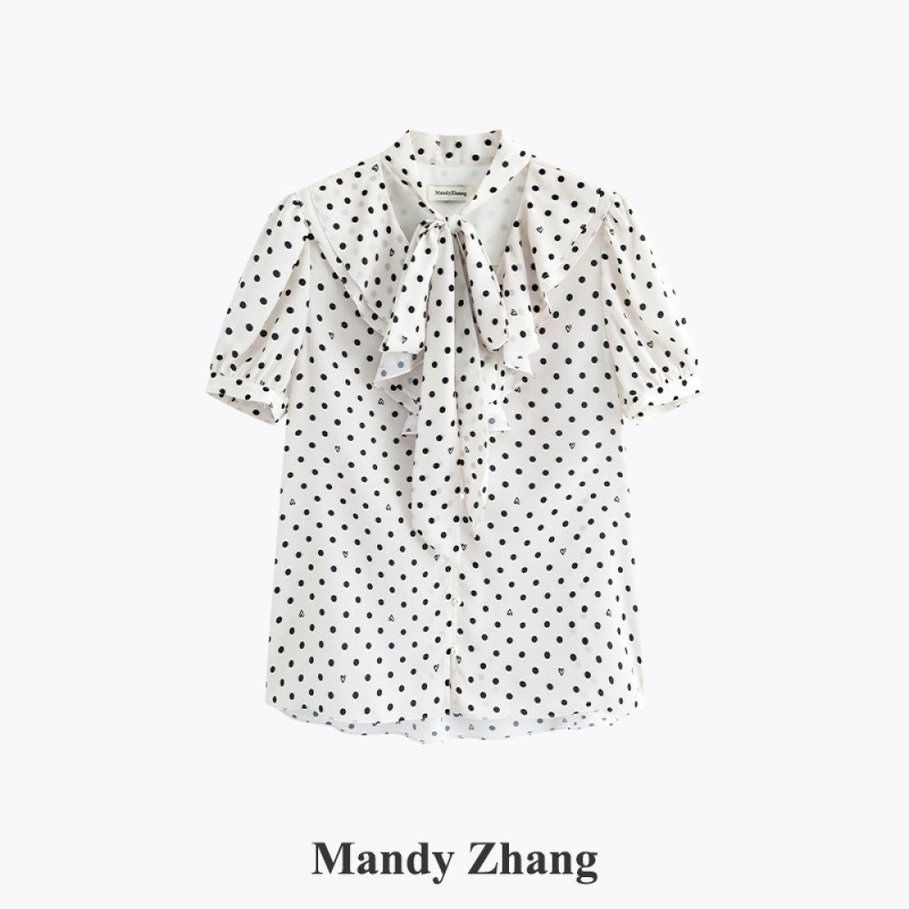 MandyZhang French bow ribbon retro love polka dot shirt women s autumn V neck temperament long sleeved top image 30