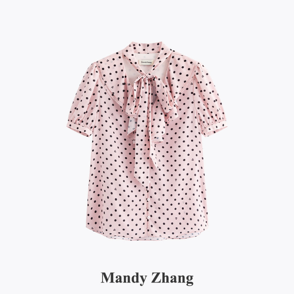 MandyZhang French bow ribbon retro love polka dot shirt women s autumn V neck temperament long sleeved top image 44
