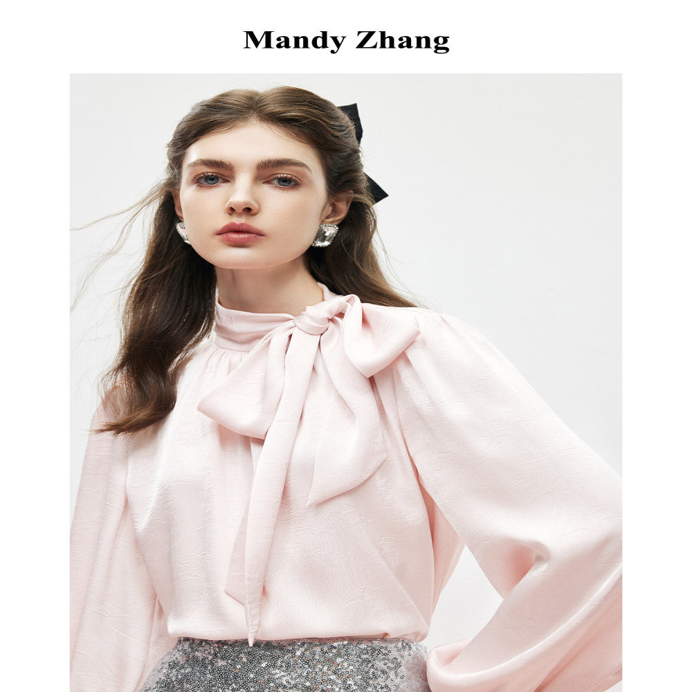 MandyZhang s light luxury temperament with a ribbon stand up collar shirt top women s autumn bow French pink long sleeved shirt image 12