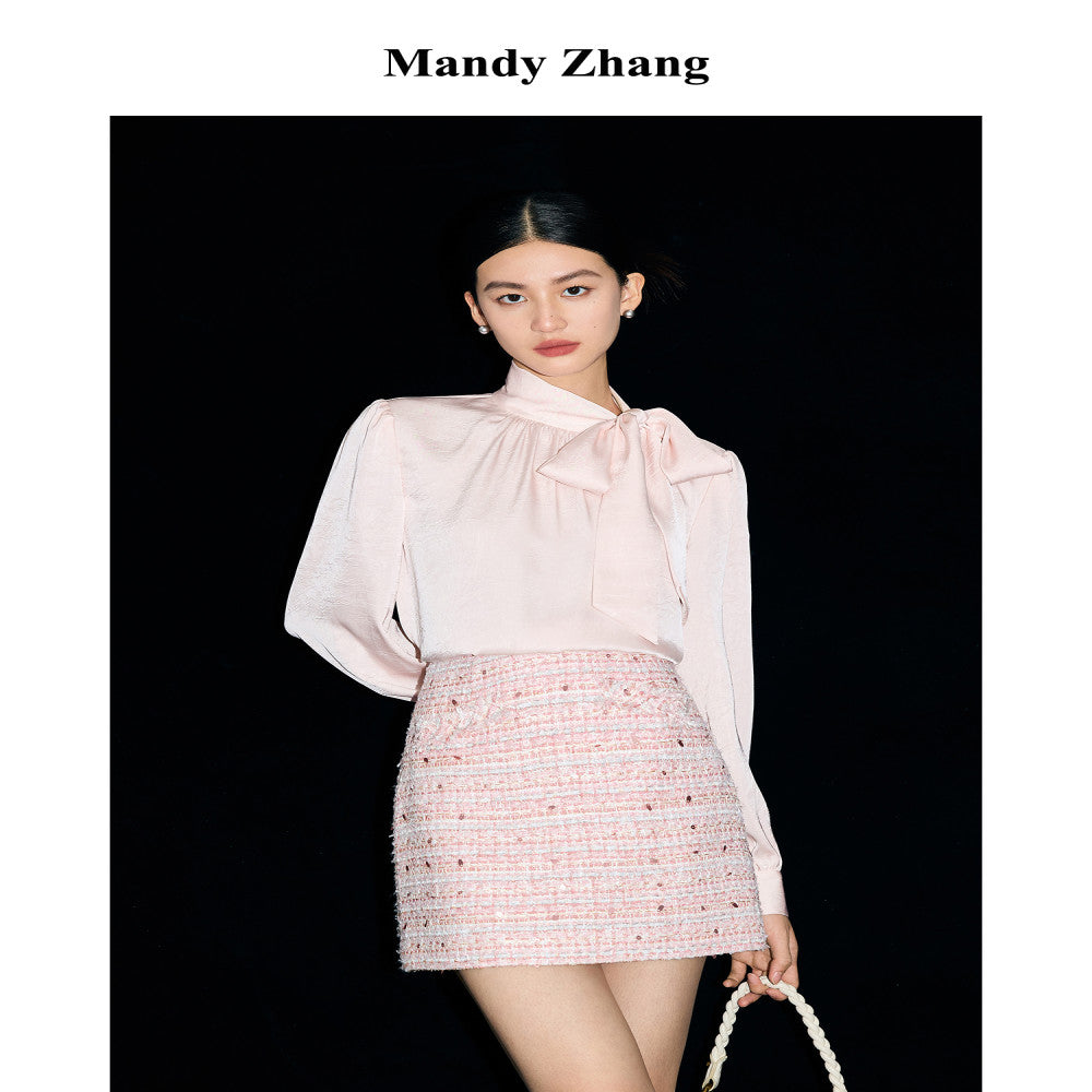 MandyZhang s light luxury temperament with a ribbon stand up collar shirt top women s autumn bow French pink long sleeved shirt image 15