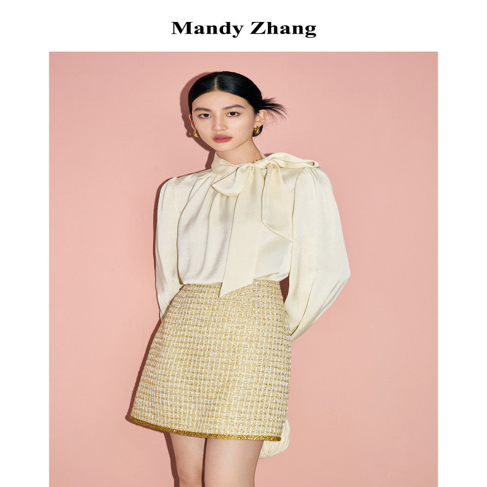 MandyZhang s light luxury temperament with a ribbon stand up collar shirt top women s autumn bow French pink long sleeved shirt image 16