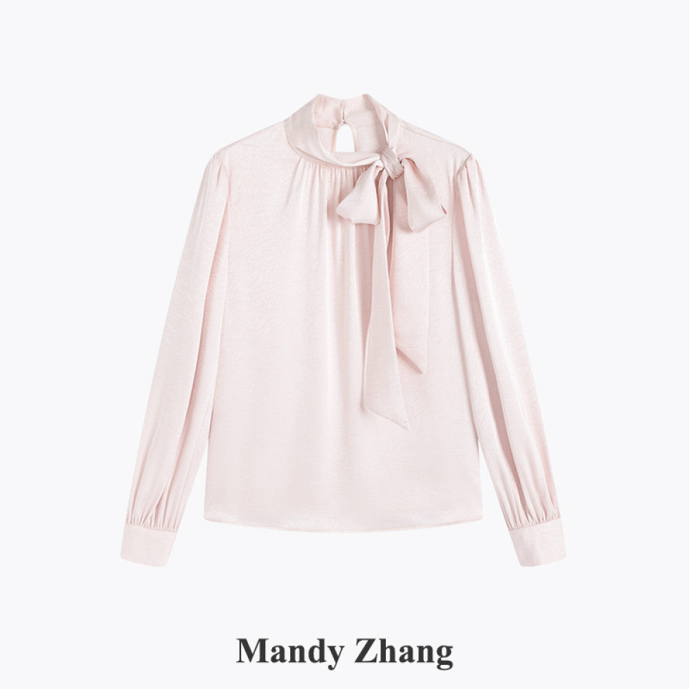 MandyZhang s light luxury temperament with a ribbon stand up collar shirt top women s autumn bow French pink long sleeved shirt image 2