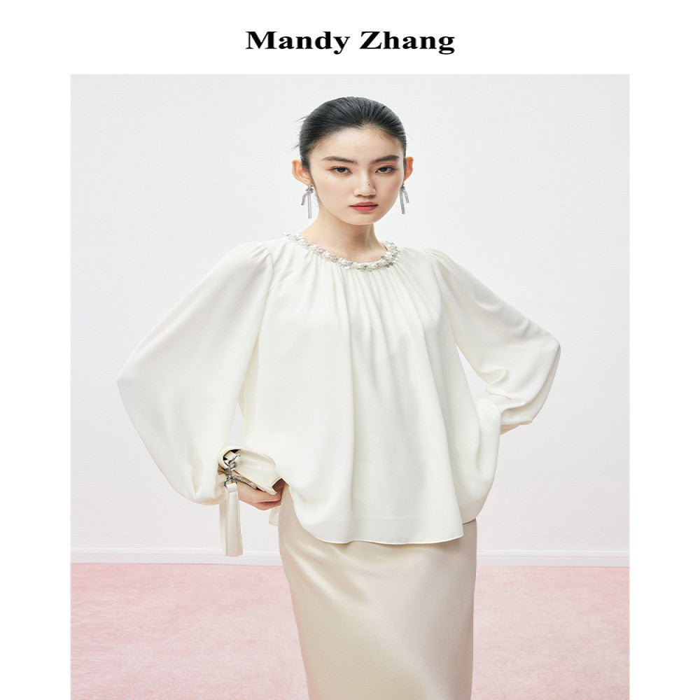 MandyZhang Heavy Industry Nail Bead sequin Round Neck Shirt for Women s Autumn Style Showing Thin and Bubbly Sleeve Long Top image 1