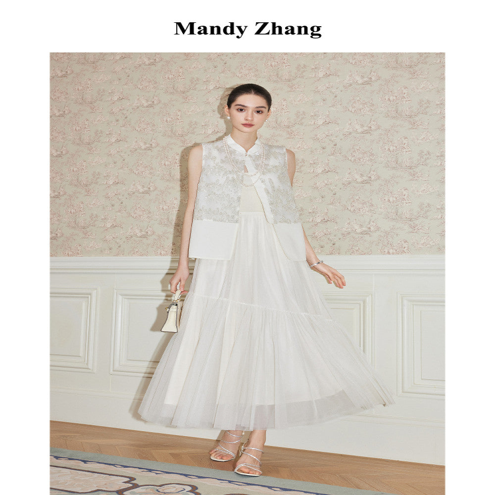 MandyZhang Heavy Industry Nail Bead Embroidered New Chinese Vest Women s Summer National Style Design White Top image 2