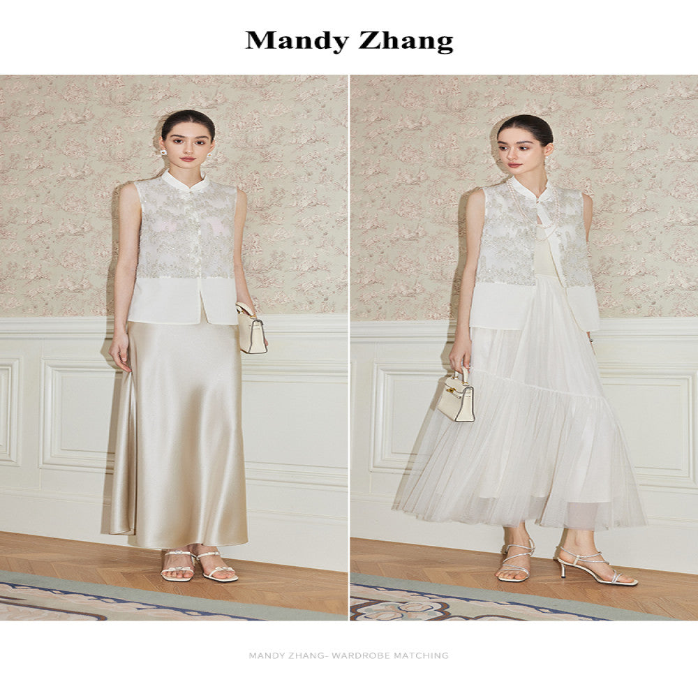 MandyZhang Heavy Industry Nail Bead Embroidered New Chinese Vest Women s Summer National Style Design White Top image 3