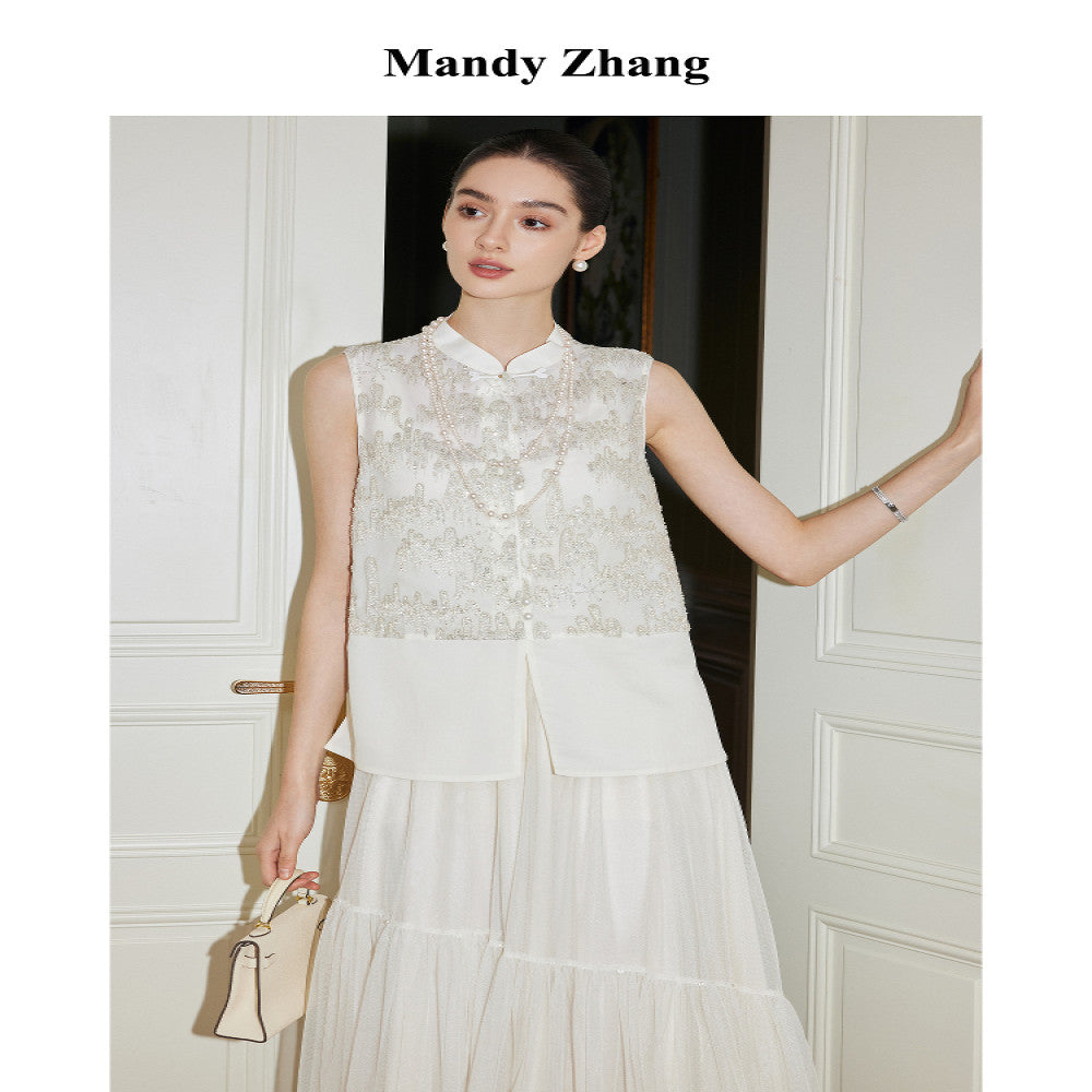 MandyZhang Heavy Industry Nail Bead Embroidered New Chinese Vest Women s Summer National Style Design White Top image 4