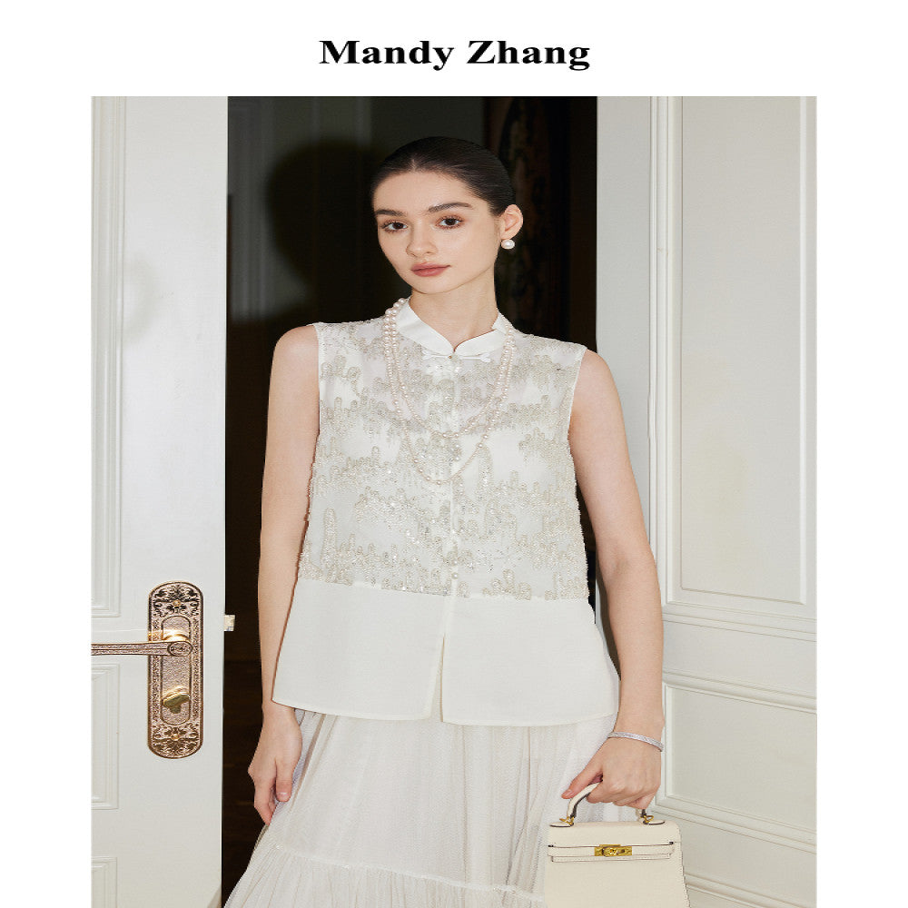 MandyZhang Heavy Industry Nail Bead Embroidered New Chinese Vest Women s Summer National Style Design White Top image 0