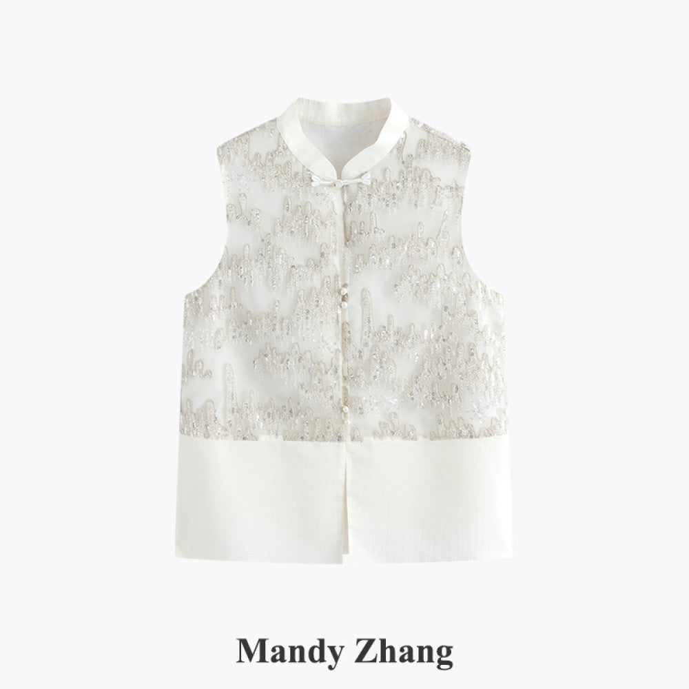 MandyZhang Heavy Industry Nail Bead Embroidered New Chinese Vest Women s Summer National Style Design White Top image 9