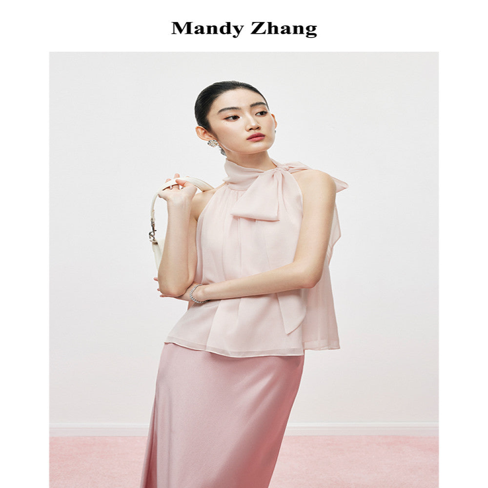 MandyZhang elegant temperament bow ribbon top for women s summer design pink hanging neck sleeveless vest image 1