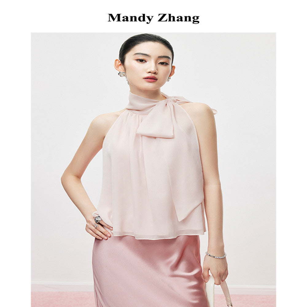 MandyZhang elegant temperament bow ribbon top for women s summer design pink hanging neck sleeveless vest image 3