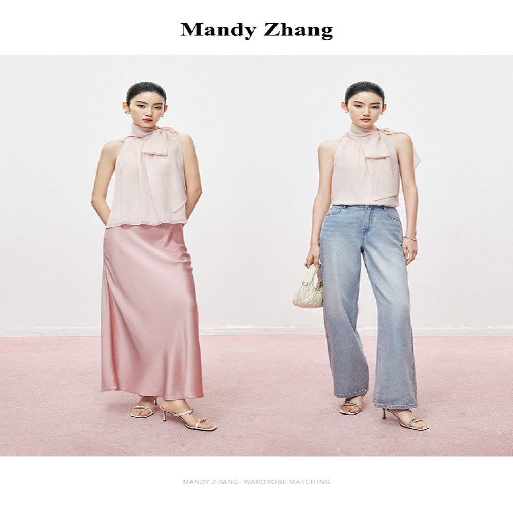 MandyZhang elegant temperament bow ribbon top for women s summer design pink hanging neck sleeveless vest image 4