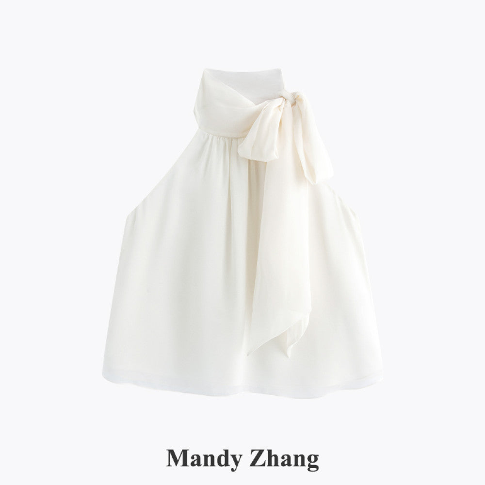MandyZhang elegant temperament bow ribbon top for women s summer design pink hanging neck sleeveless vest image 14