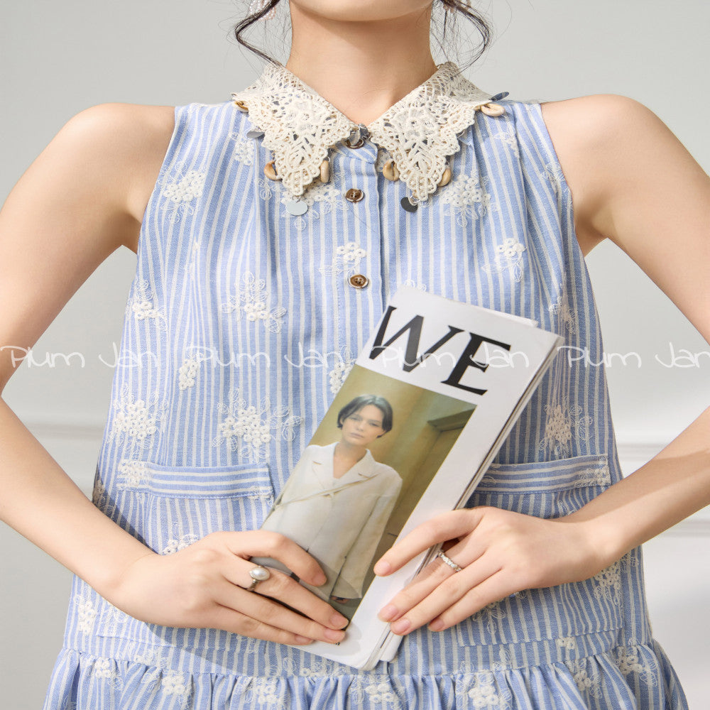 Plum Jan Summer Beauty Small Skirt Seaside Vacation Heavy Industry Collar Embroidered Blue Striped Dress for Women image 2