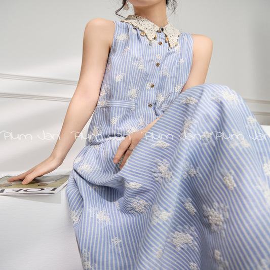 ASAYA4478 - Embroidered Collar Midi Dress in Powder Blue 🤍🌿