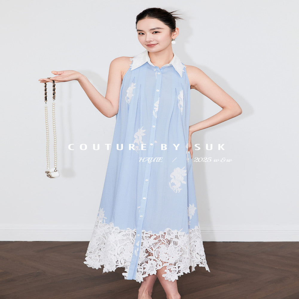 SUK Art Blues 05 Spring Summer new blue lace patchwork lace design halter neck dress image 3