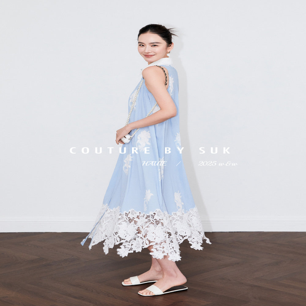 SUK Art Blues 05 Spring Summer new blue lace patchwork lace design halter neck dress image 4