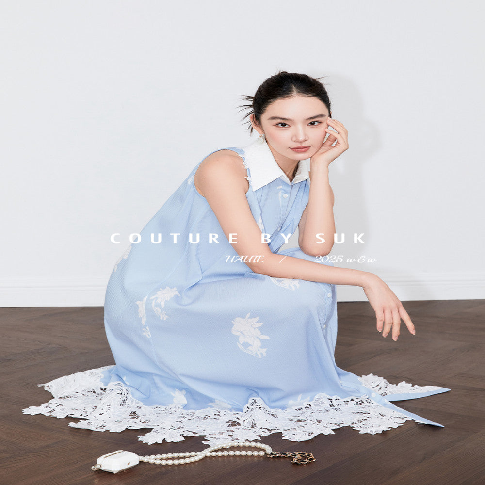 SUK Art Blues 05 Spring Summer new blue lace patchwork lace design halter neck dress image 5