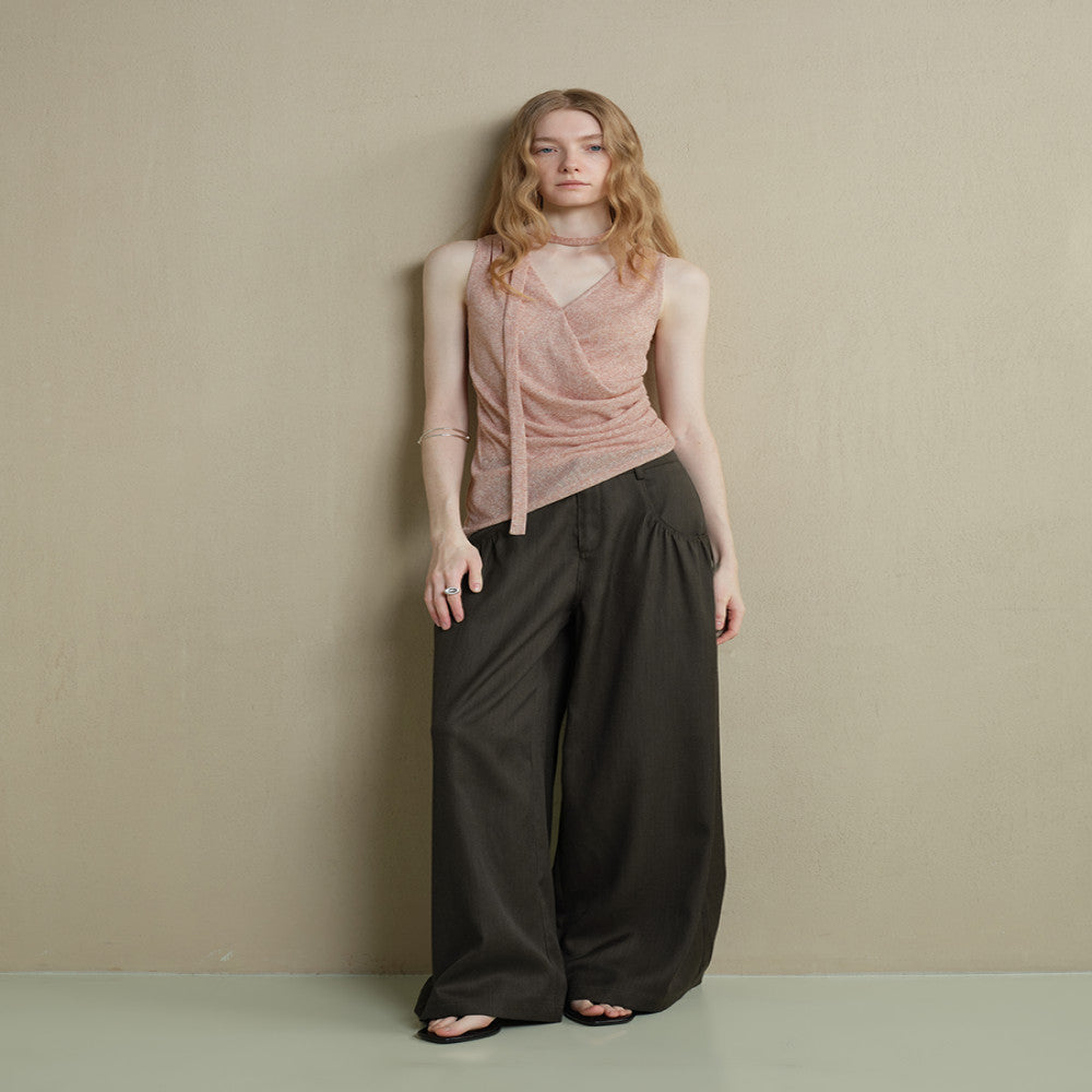 Someone Sometimes Original Asymmetric Hem Side Waist Fold Waist Strap Tank Top Hanging Neck Top image 3