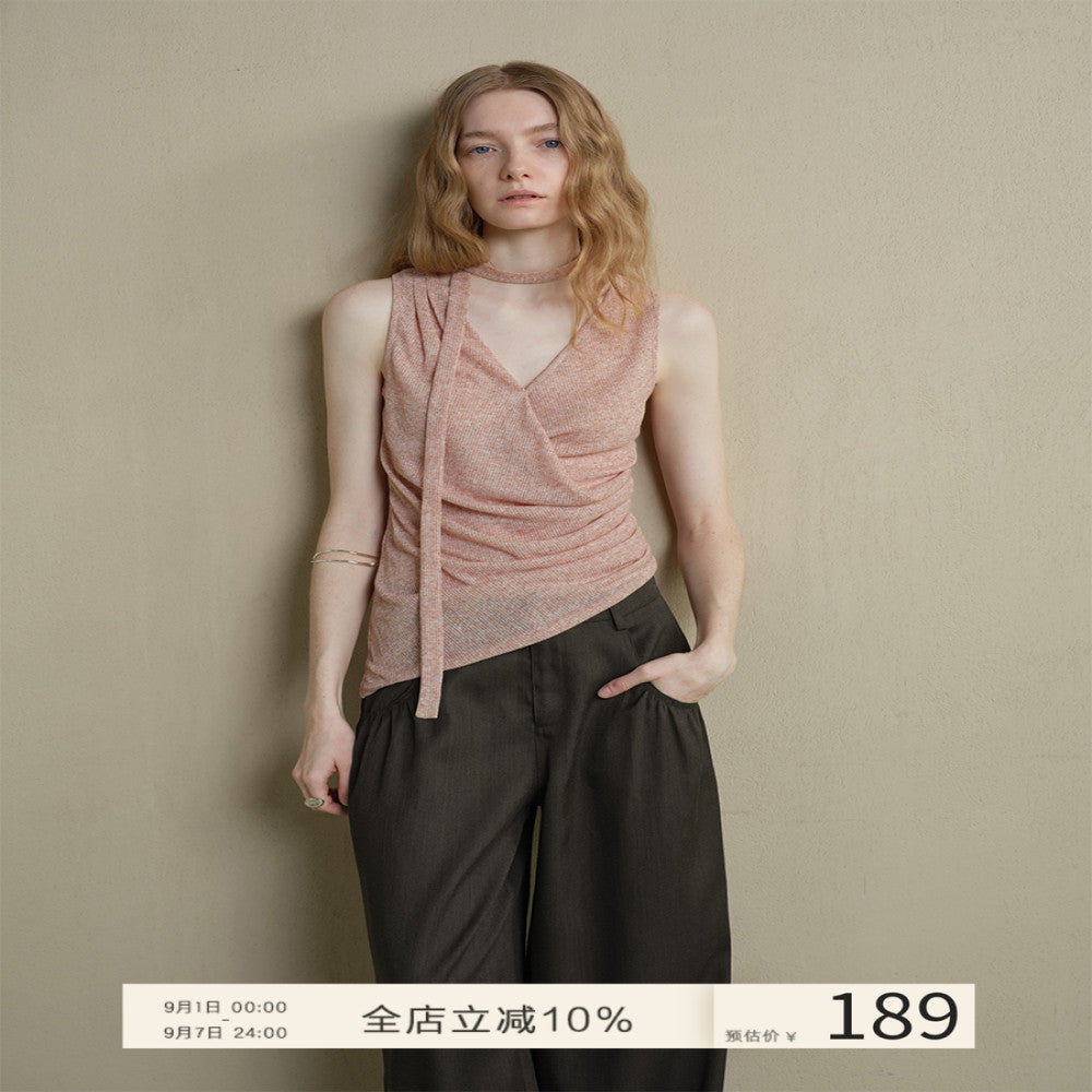 Someone Sometimes Original Asymmetric Hem Side Waist Fold Waist Strap Tank Top Hanging Neck Top image 0