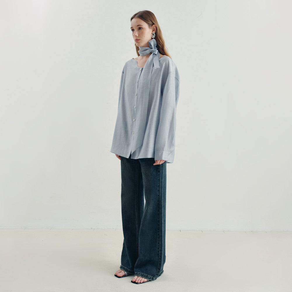 Sometimes the pearl light texture with a wavy collar and flowing ribbons exudes a blue shirt and top for women image 5