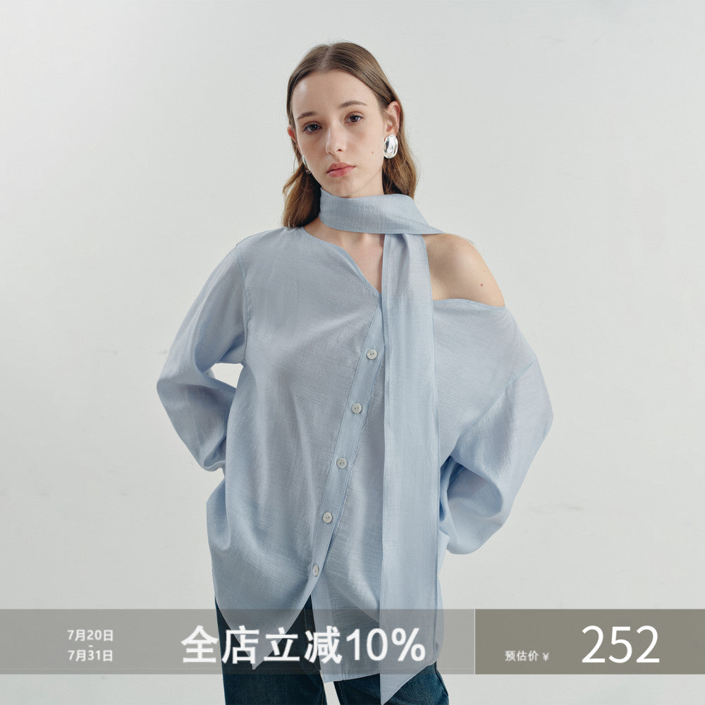 Sometimes the pearl light texture with a wavy collar and flowing ribbons exudes a blue shirt and top for women image 0