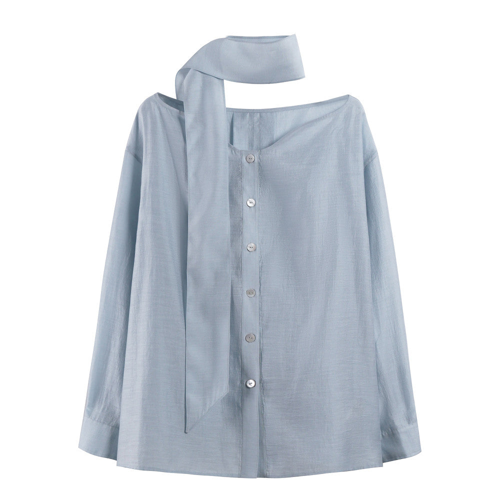 Sometimes the pearl light texture with a wavy collar and flowing ribbons exudes a blue shirt and top for women image 11