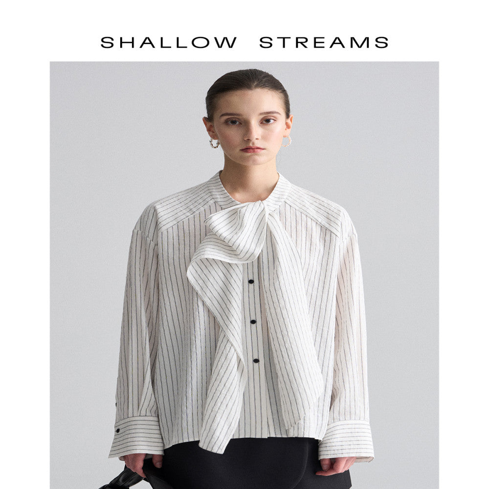 Pear dimpled sea design niche striped stand collar ribbon shirt women s long sleeves stylish loose chic top shirt image 2