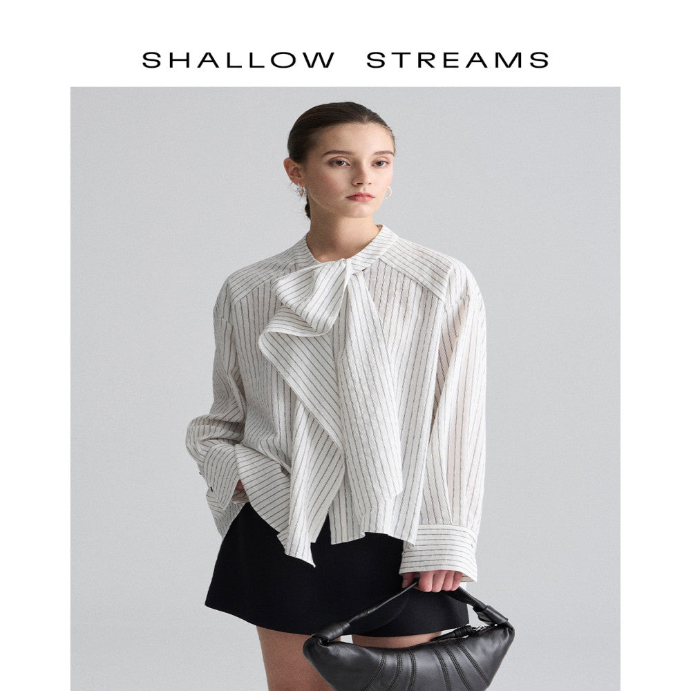 Pear dimpled sea design niche striped stand collar ribbon shirt women s long sleeves stylish loose chic top shirt image 3