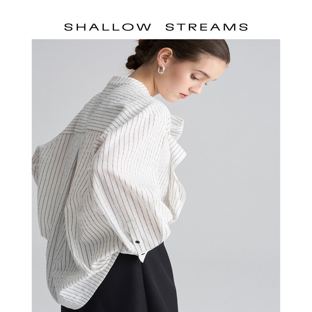 Pear dimpled sea design niche striped stand collar ribbon shirt women s long sleeves stylish loose chic top shirt image 4