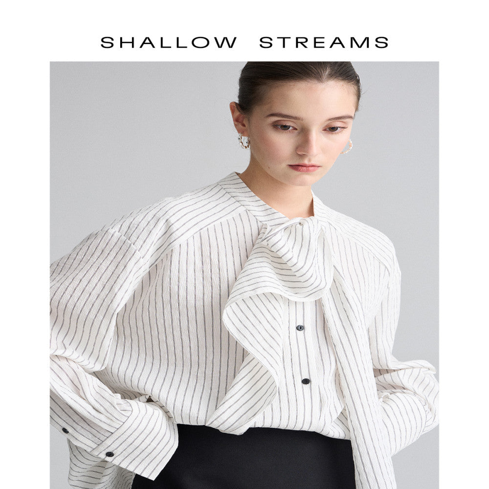 Pear dimpled sea design niche striped stand collar ribbon shirt women s long sleeves stylish loose chic top shirt image 0