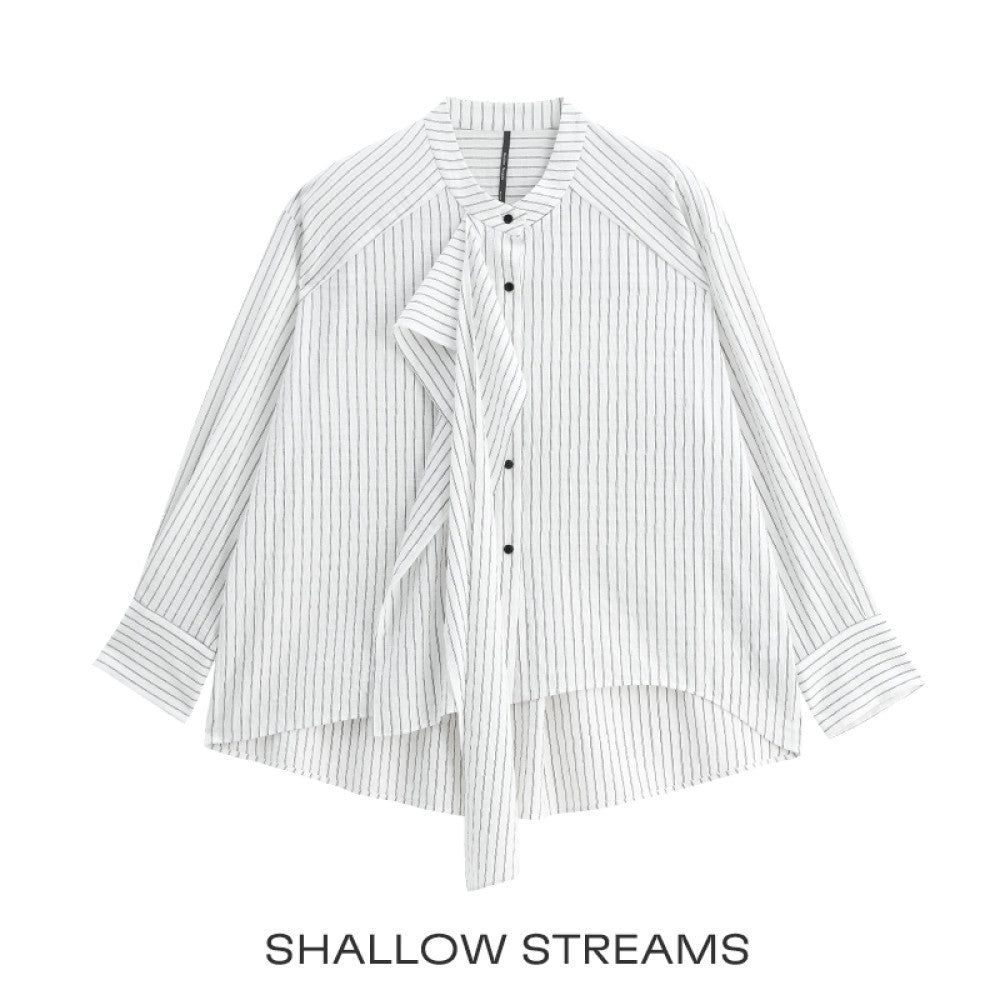 Pear dimpled sea design niche striped stand collar ribbon shirt women s long sleeves stylish loose chic top shirt image 9