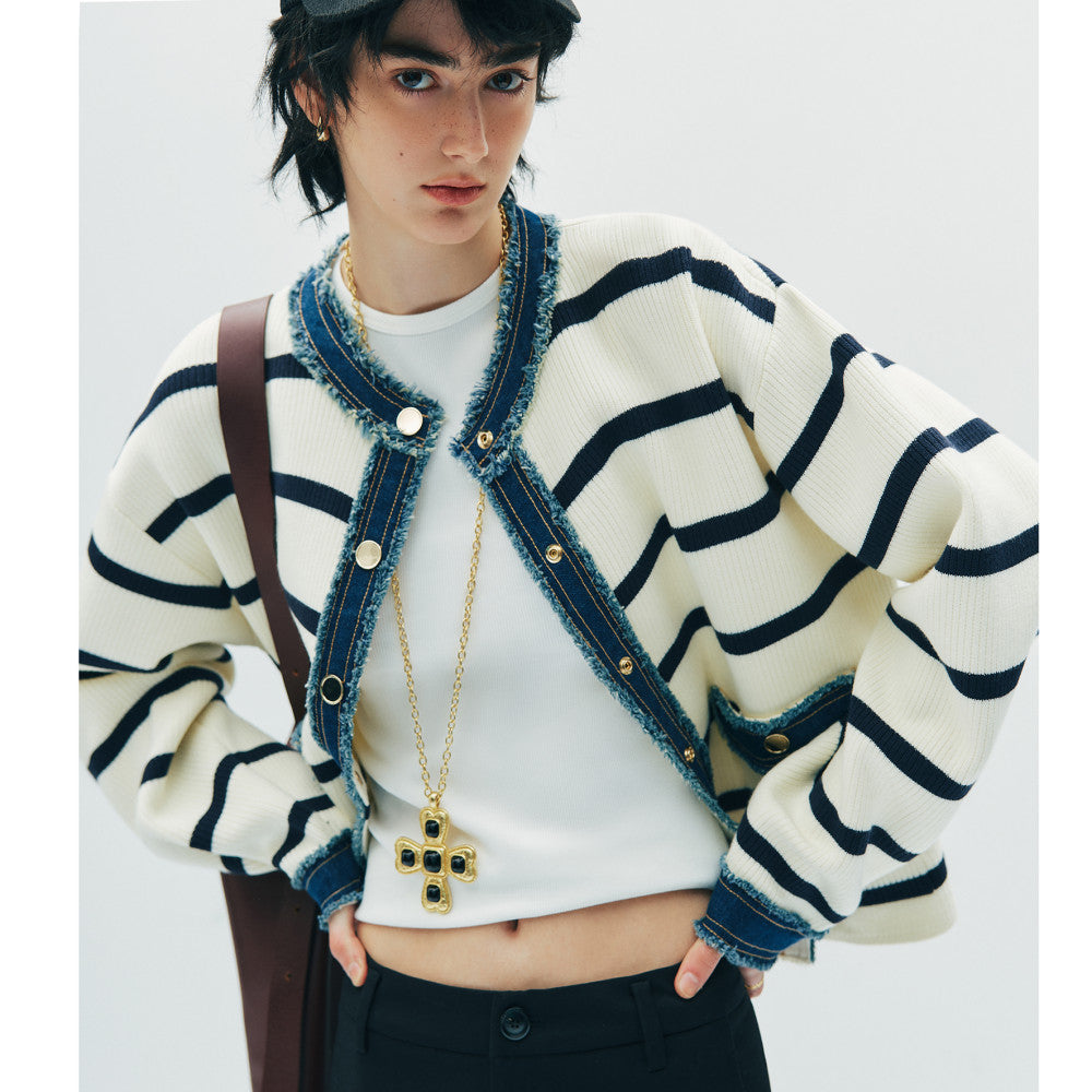 In stock Counter style same source Denim splicing Chanel style round neck boxy slim striped knitted open sweater jacket for women image 1