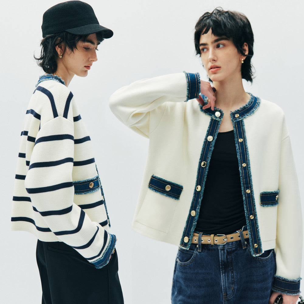 In stock Counter style same source Denim splicing Chanel style round neck boxy slim striped knitted open sweater jacket for women image 2