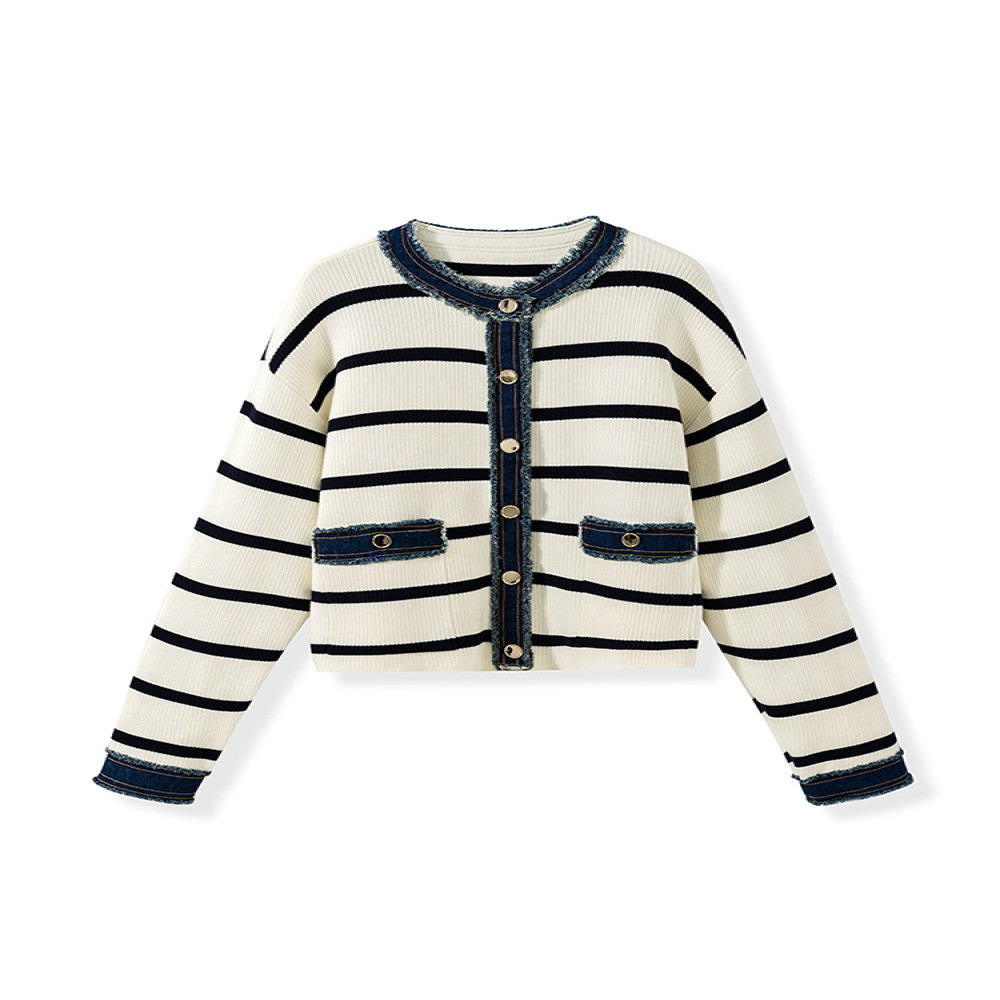 In stock Counter style same source Denim splicing Chanel style round neck boxy slim striped knitted open sweater jacket for women image 6