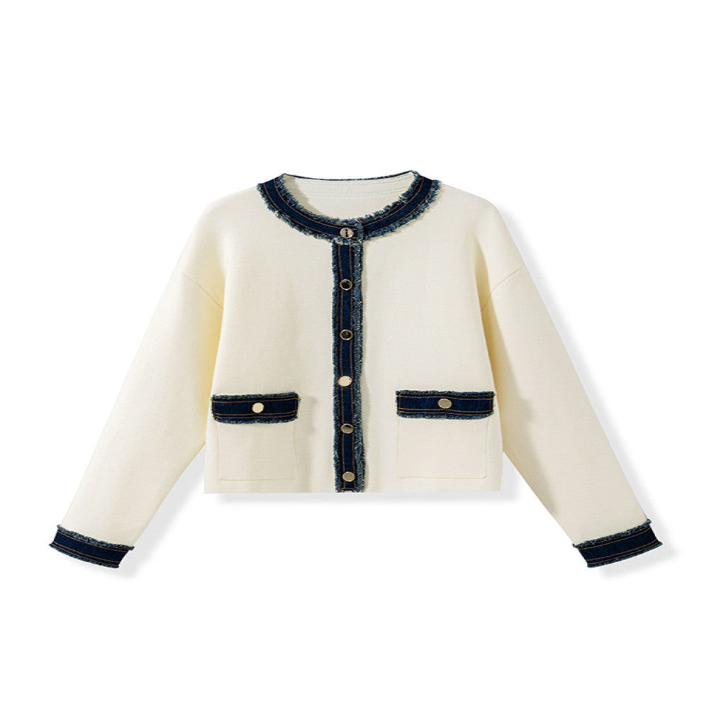 In stock Counter style same source Denim splicing Chanel style round neck boxy slim striped knitted open sweater jacket for women image 12