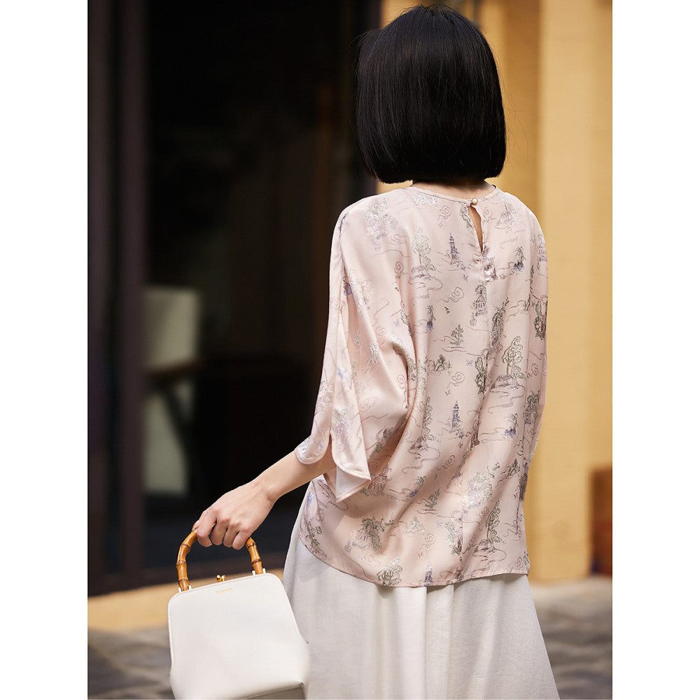 Xiaohan Pavilion Spring 2025 New Products Pavilion Terrace Pavilion Chinese Style New Chinese Style Mulberry Silk Silk Top for Women image 2