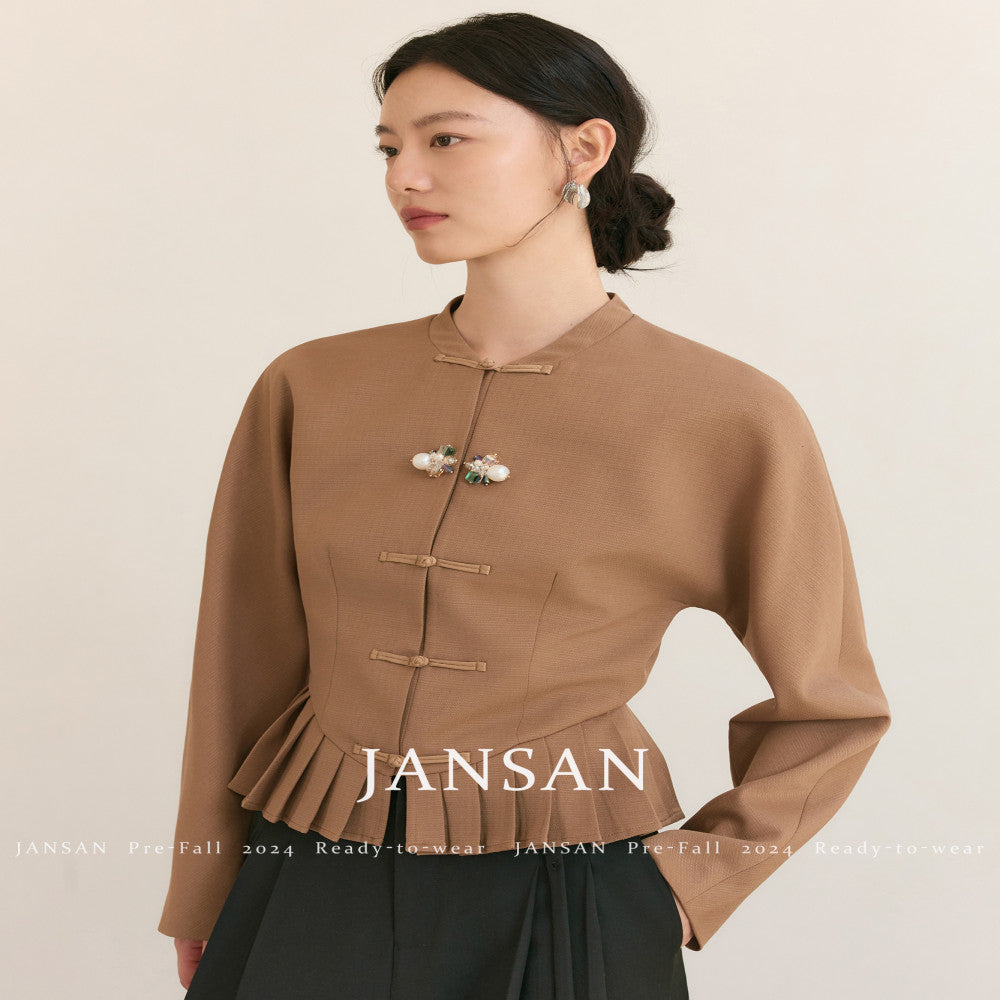 JANSAN acetate textured stand up cut small collar with cinched waist and pleated hem new Chinese style top short jacket image 23