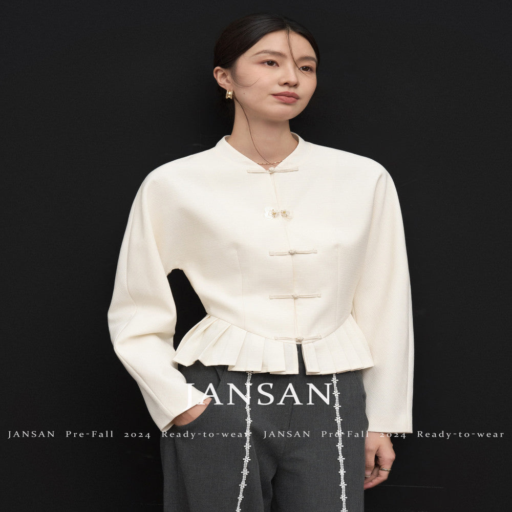 JANSAN acetate textured stand up cut small collar with cinched waist and pleated hem new Chinese style top short jacket image 26