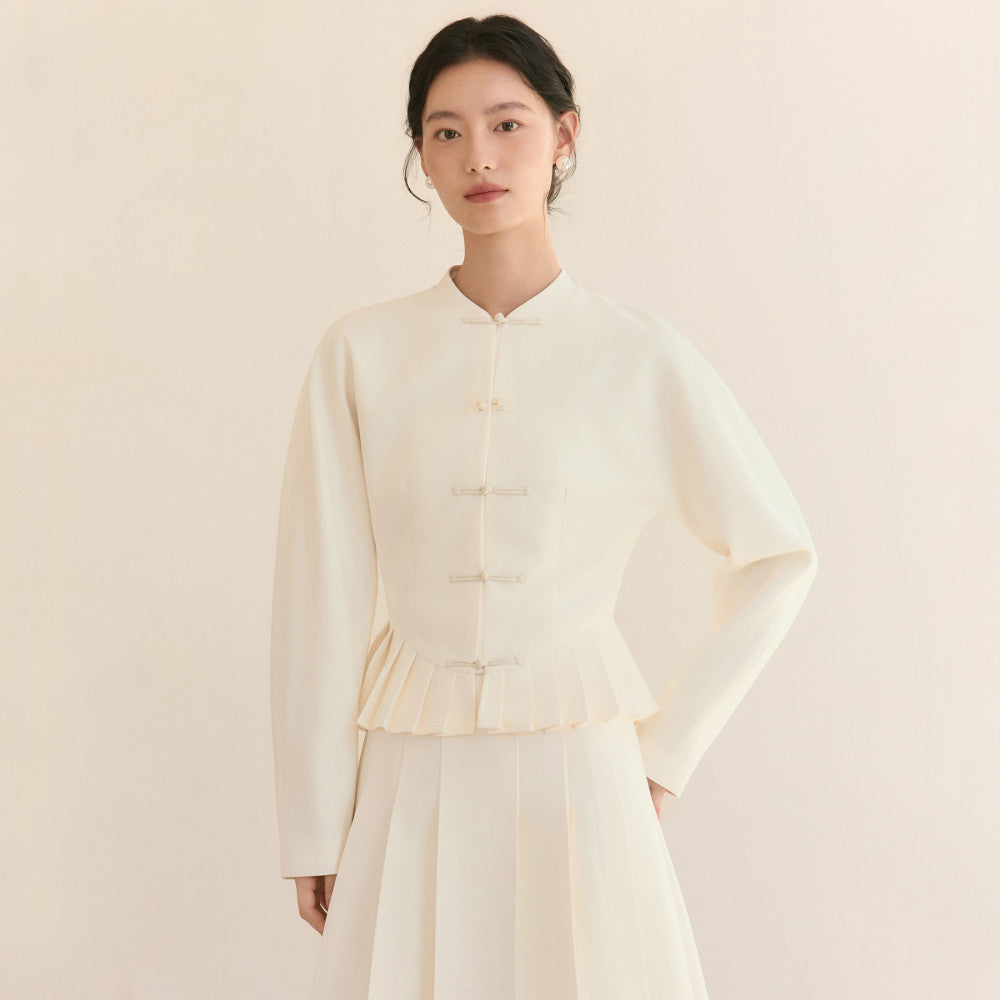 JANSAN acetate textured stand up cut small collar with cinched waist and pleated hem new Chinese style top short jacket image 3