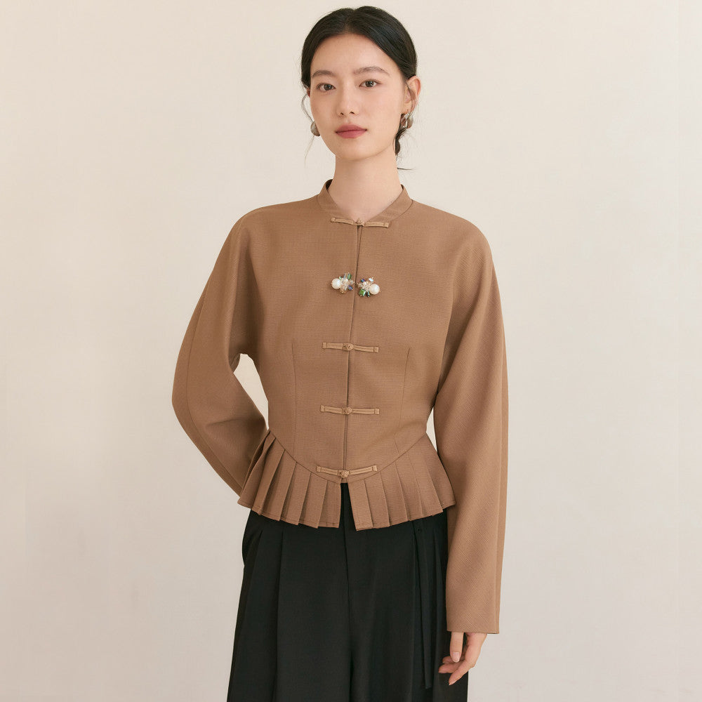 JANSAN acetate textured stand up cut small collar with cinched waist and pleated hem new Chinese style top short jacket image 10
