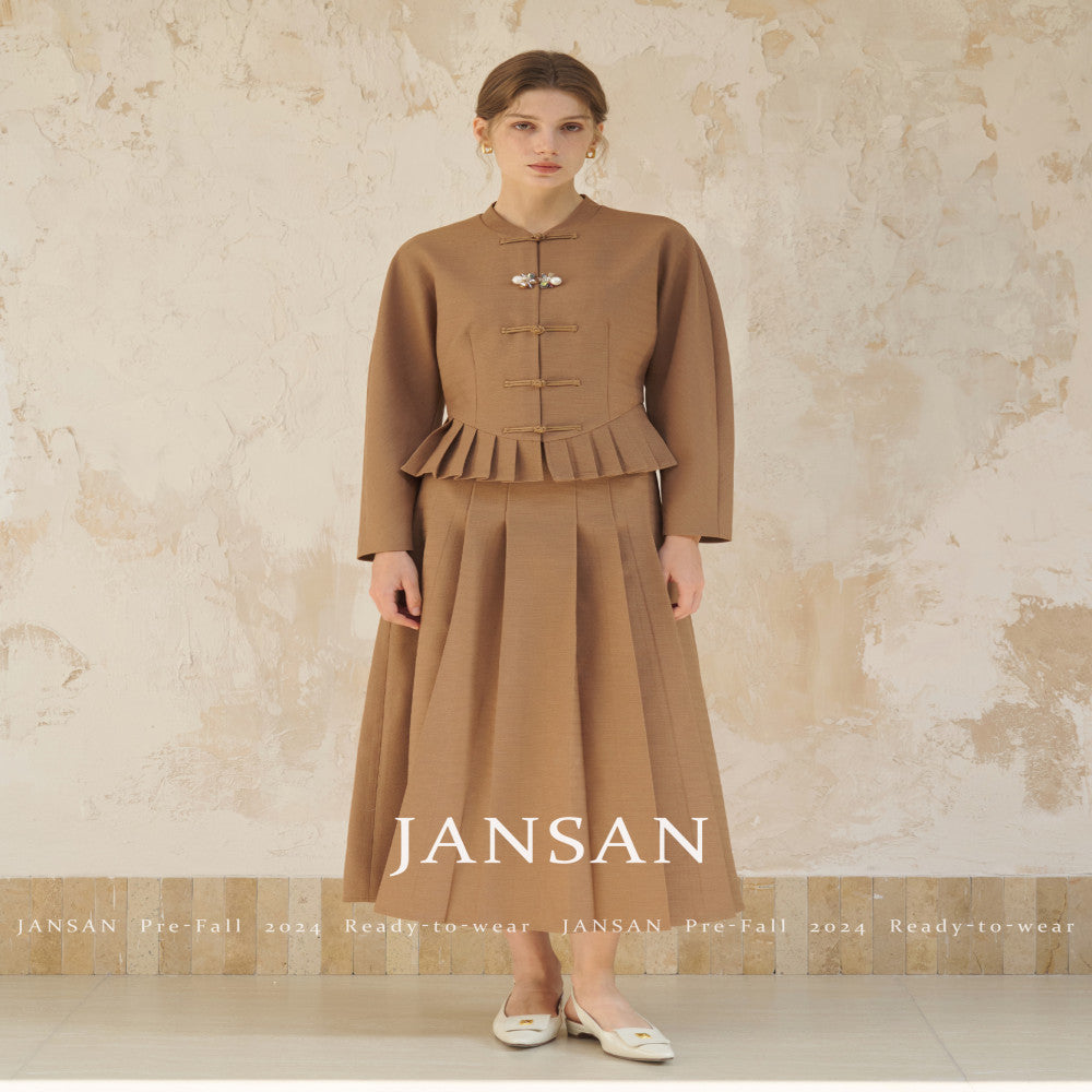 JANSAN acetate textured stand up cut small collar with cinched waist and pleated hem new Chinese style top short jacket image 19