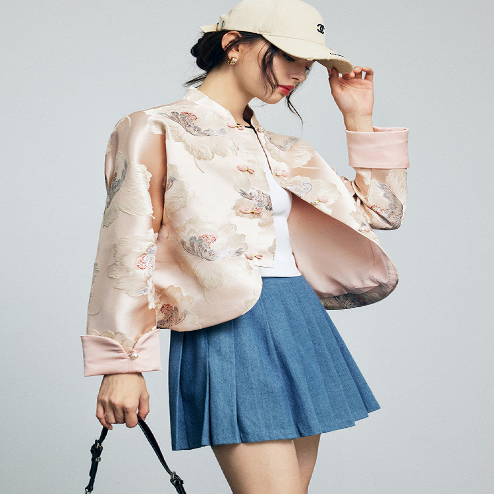 Spot national color Tianxiang new Chinese style standing collar loose silhouette folded sleeves peony flower satin jacquard embroidery jacket image 1