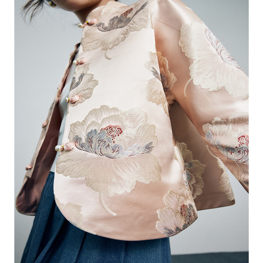 Spot national color Tianxiang new Chinese style standing collar loose silhouette folded sleeves peony flower satin jacquard embroidery jacket image 2