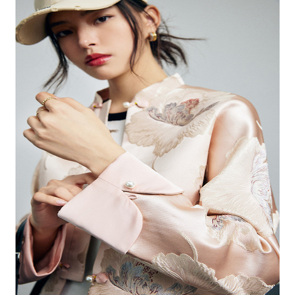Spot national color Tianxiang new Chinese style standing collar loose silhouette folded sleeves peony flower satin jacquard embroidery jacket image 4