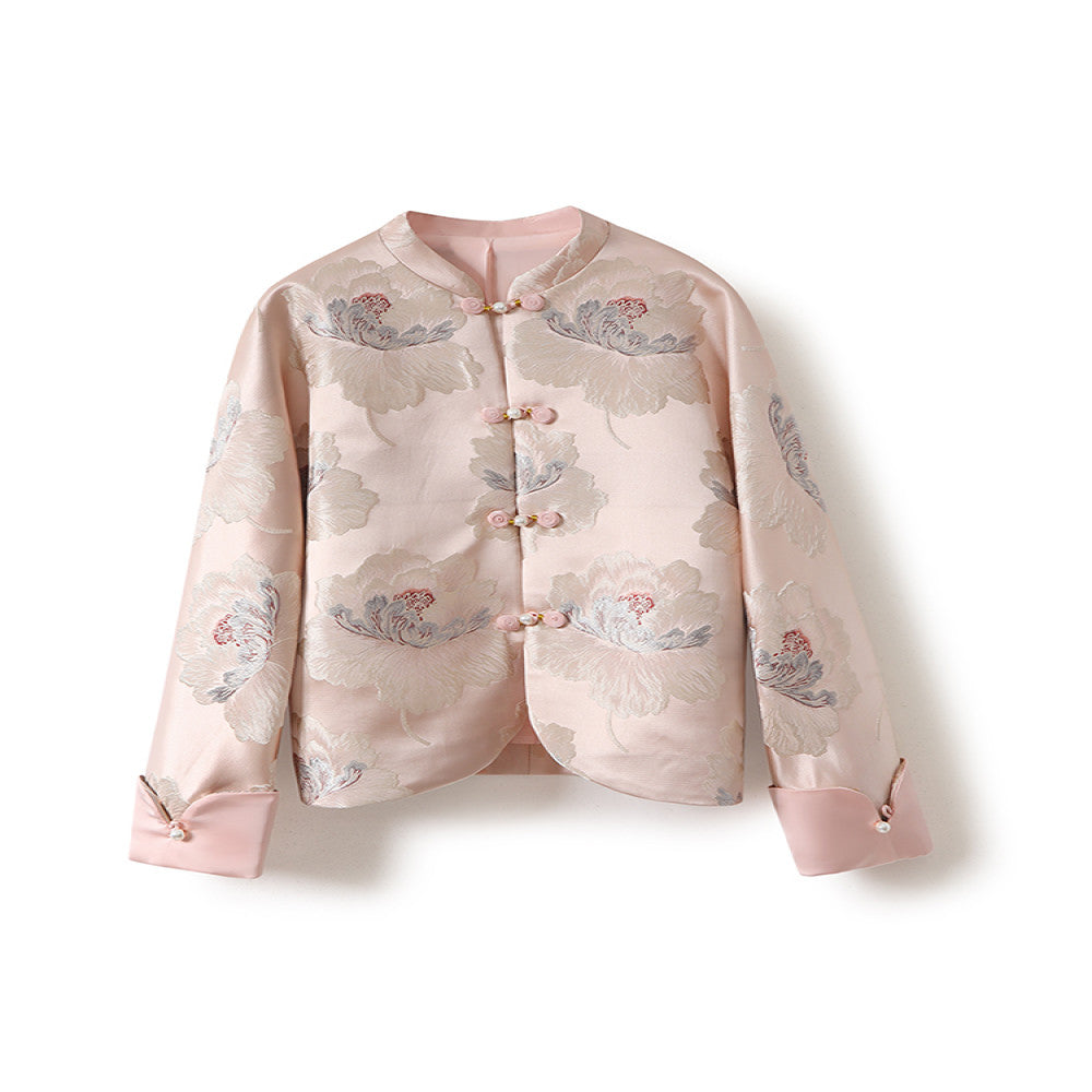 Spot national color Tianxiang new Chinese style standing collar loose silhouette folded sleeves peony flower satin jacquard embroidery jacket image 5