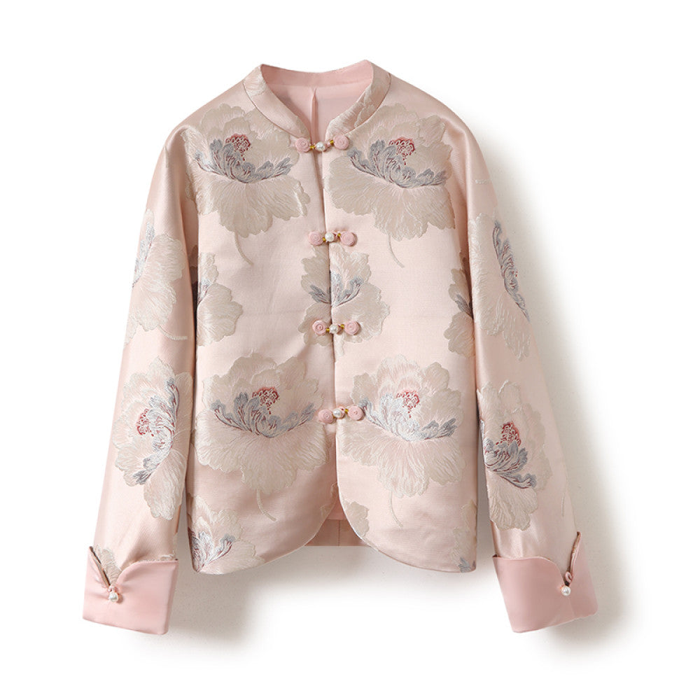 Spot national color Tianxiang new Chinese style standing collar loose silhouette folded sleeves peony flower satin jacquard embroidery jacket image 6